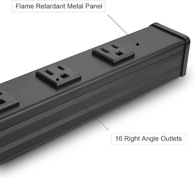 Long Heavy Duty 16 Outlet Large Metal Garage Workshop Multi Wide Industrial Power Strip. 6FT Cord 15A, 125V, 1875W (Black)
