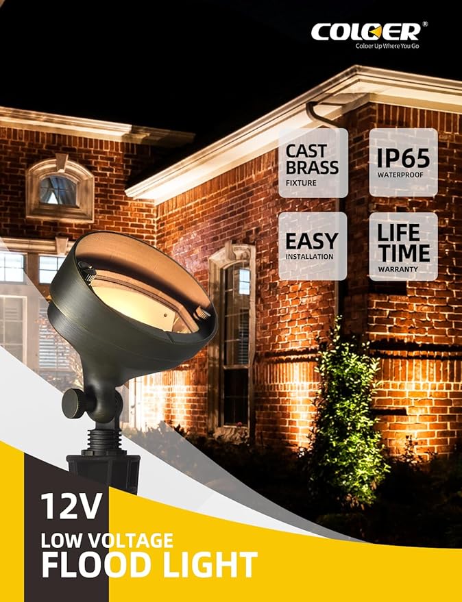 COLOER Die-cast Brass LED Landscape Flood Lights Outdoor 12-Pack with G4 Bulb, 2W 12-15 Volt Low Voltage Wall Wash Lighting, Outdoor Floodlight for Illuminating Signs, Walls and Plant Material(501B)