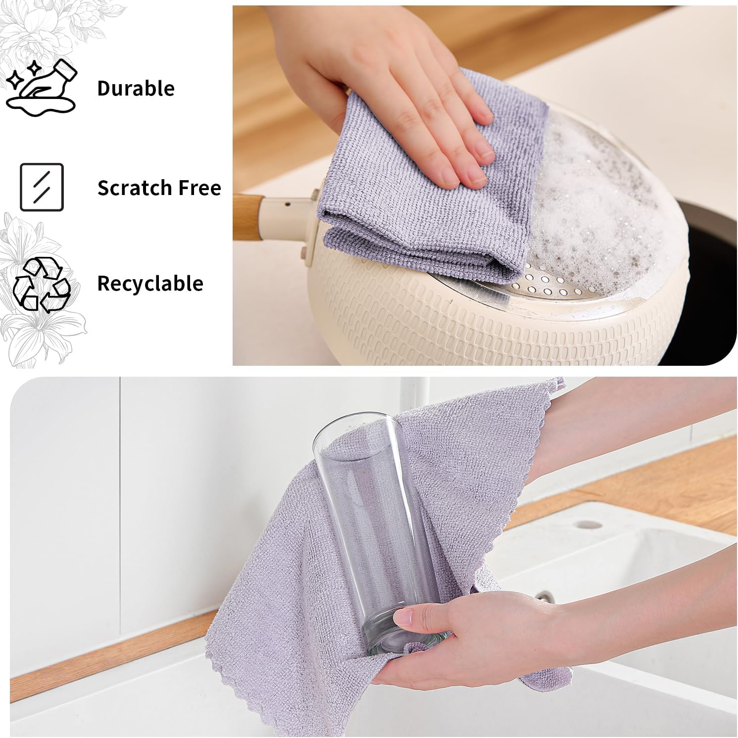 80 Pack Microfiber Cleaning Cloth Roll,Lint Free Rags & Tear Away Reusable Towels Washable Scratch,Ultra Absorbent Dish Rags(12" x 12") for Car Kitchen Home Garage-Light Purple