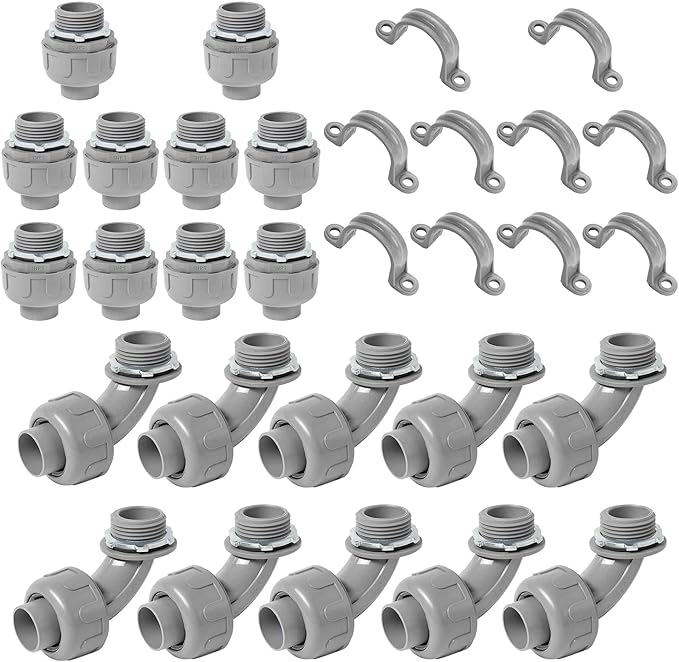 (1" Conduit Parts 30 Pack) Yariwiz 1 Inch PVC Electrical Conduit Fitting Plastic Liquid Tight Conduit Connector Kit, 10 Pack of Conduit 90 Degree Elbows and 10 Pack of Conduit Straps