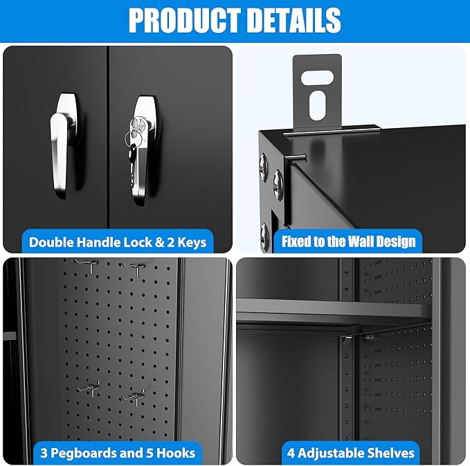 72" H Extra Wide and Deep Garage Storage Cabinet with Wheels & Pegboard, Large Locking Metal Storage Cabinet with 2 Doors and 4 Adjustable Shelves for Garage, Home, Black