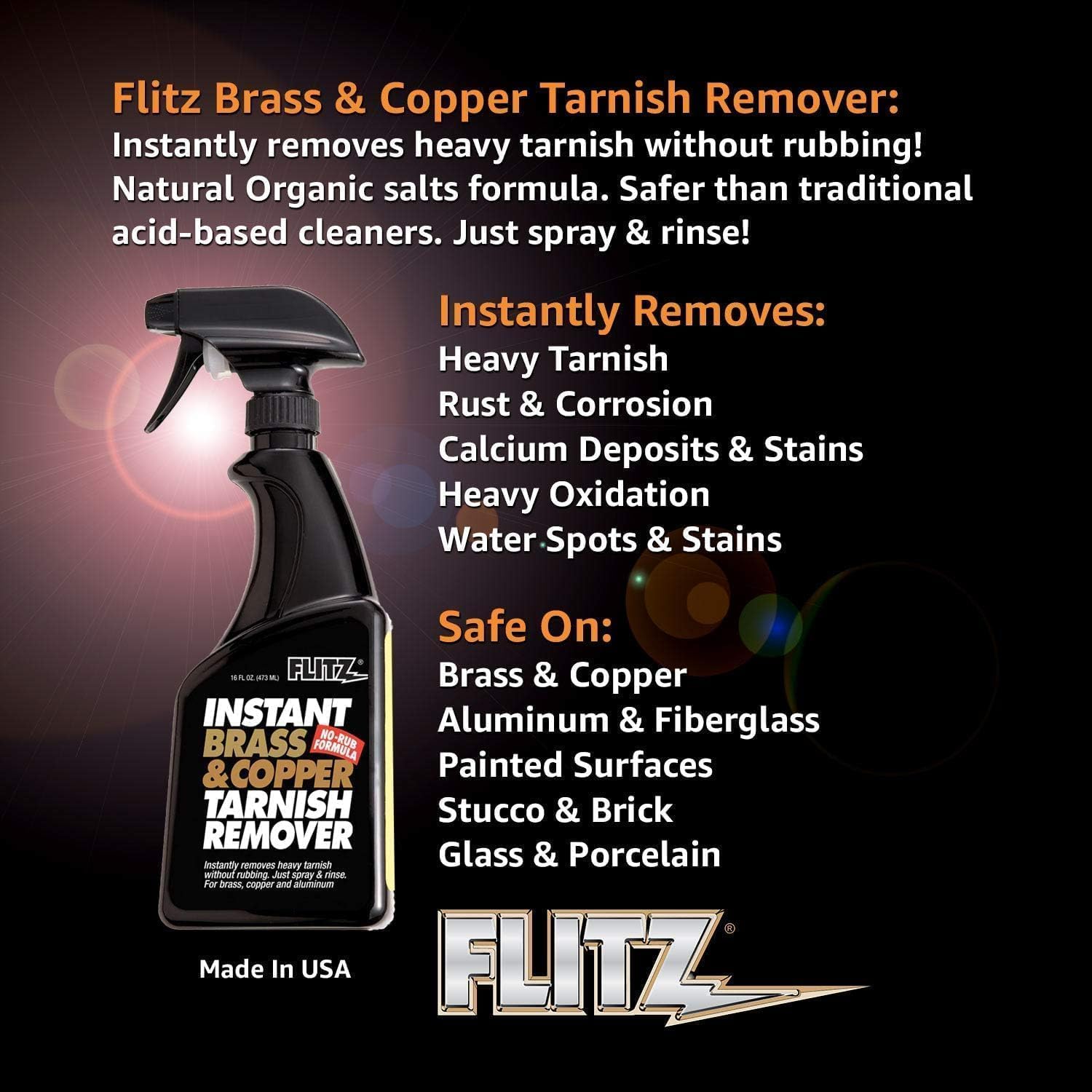 Flitz Instant Brass and Copper Tarnish Remover - 16oz Bottle of USA-Made Organic Rust Remover Spray (No-Rub) - Removes Stains & Oxidation from Glass & Aluminum - Brass Cleaners That Work (3 Pack)