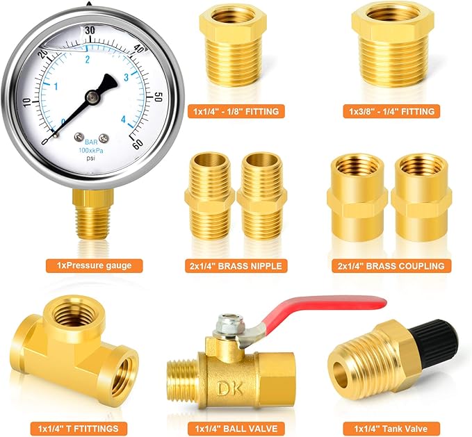 GASHER 10PCS Pipe Fitting Kit, Brass, 1/4" - 1/8" & 3/8" - 1/4" Fittings, T Fitting, Ball Valve, Pressure Gauge 0-60PSI