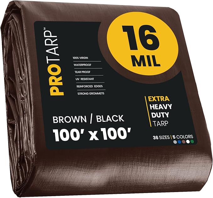 PROTARP Extra Heavy Duty 16 Mil Tarp Cover, Waterproof, UV Resistant, Rip and Tear Proof, Poly Tarpaulin with Reinforced Edges for Roof, Camping, Patio, Pool, Boat. (Brown/Black 100′ X 100′)