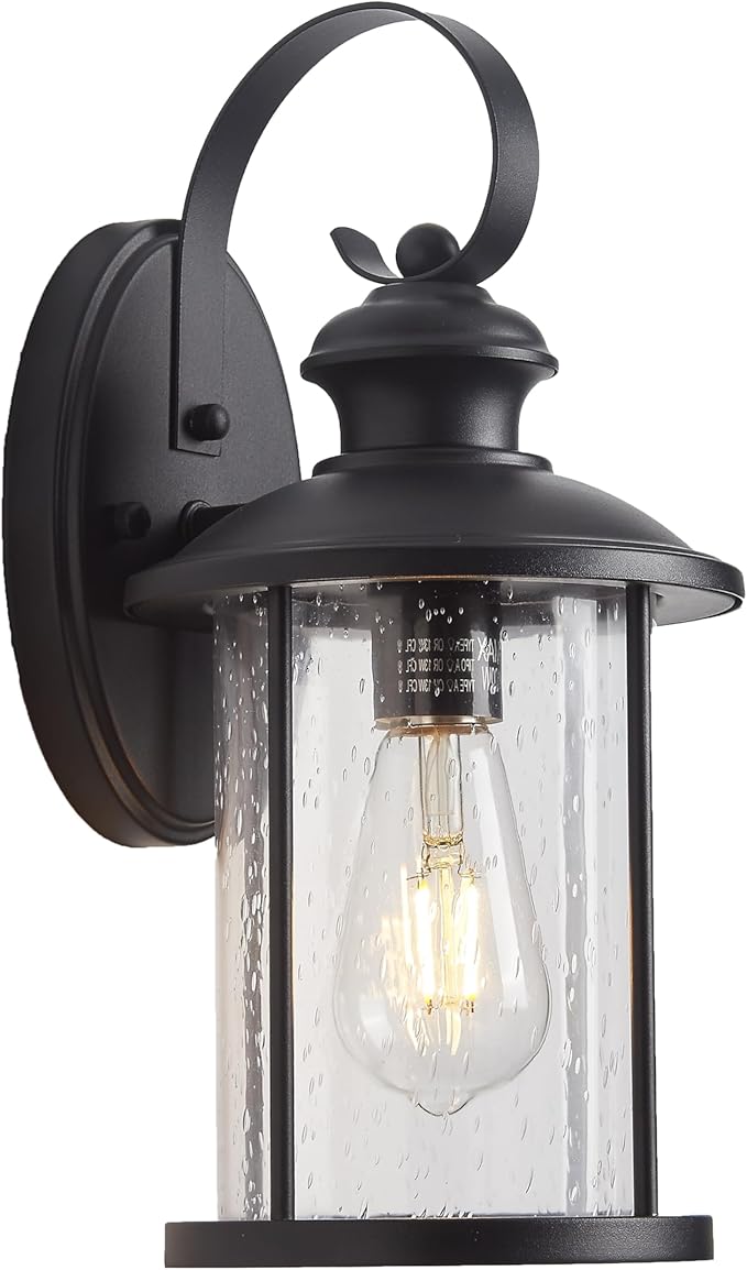 MICSIU Matte Black Outdoor Porch Light Wall Mount, Clear Seedy Glass Exterior Wall Sconce Lighting, 13.75 Inch Outside Light Fxture for House, Entryway, Doorway, Pathway