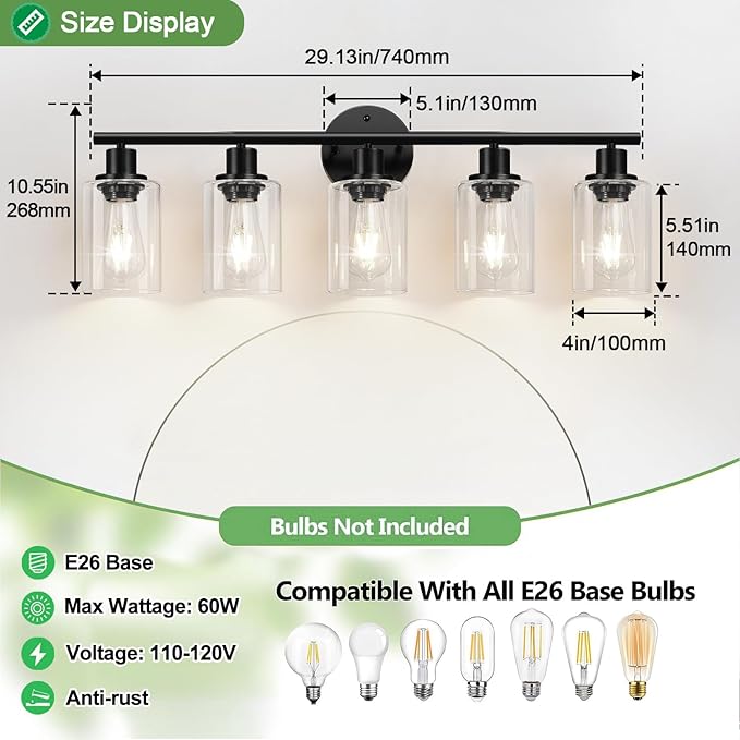 5-Light Bathroom Light Fixtures, Black Modern Vanity Lights with Clear Glass Shade, Bathroom Wall Lamp for Mirror Kitchen Living Room Hallway Cabinet Porch