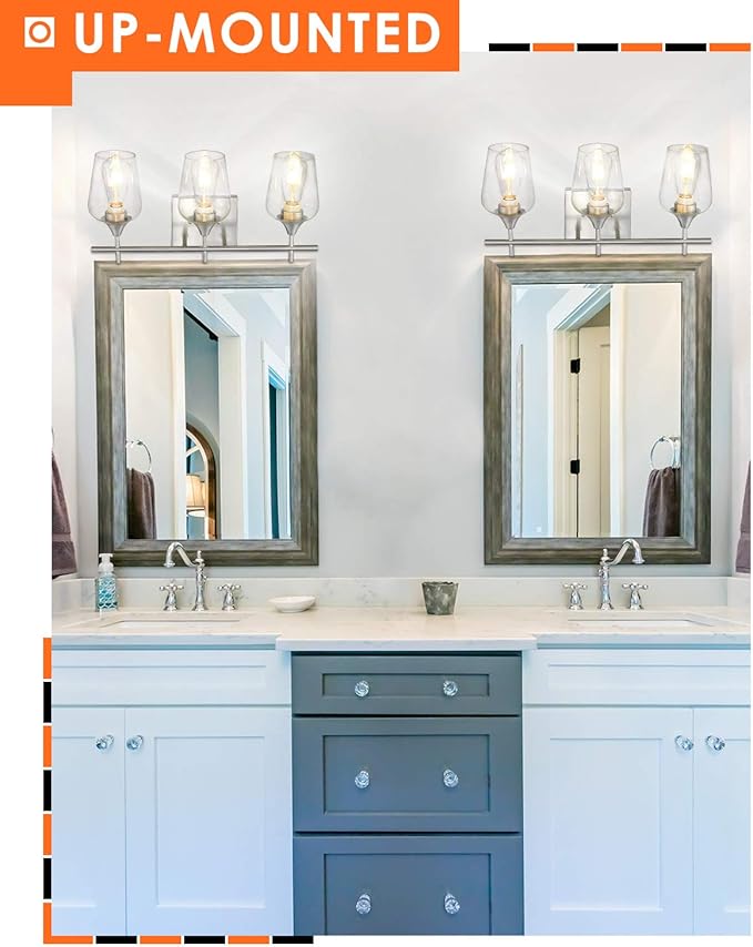 3 Light Bathroom Light Fixtures Over Mirror, 21 Inch Brushed Nickel Bathroom Vanity Lights, Modern Farmhouse Bath Wall Sconces with Clear Glass Shade, WL9167-3C