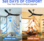 52" 3 Blade Ceiling Fan Without Light, Farmhouse Rustic Wooden Flush Mount Ceiling Fan no Light with Remote for Indoor/Outdoor - High End Silent Operation, Black & Gold, 52 Inch