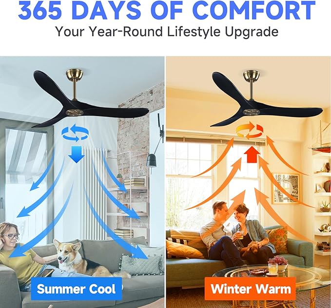 52" 3 Blade Ceiling Fan Without Light, Farmhouse Rustic Wooden Flush Mount Ceiling Fan no Light with Remote for Indoor/Outdoor - High End Silent Operation, Black & Gold, 52 Inch