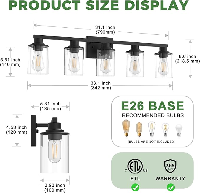 DORESshop Bathroom Light Fixtures, 5-Light Matte Black Bathroom Lighting Fixtures Over Mirror with Clear Glass Shade, Vanity Lights for Hallway Living Room Bedroom