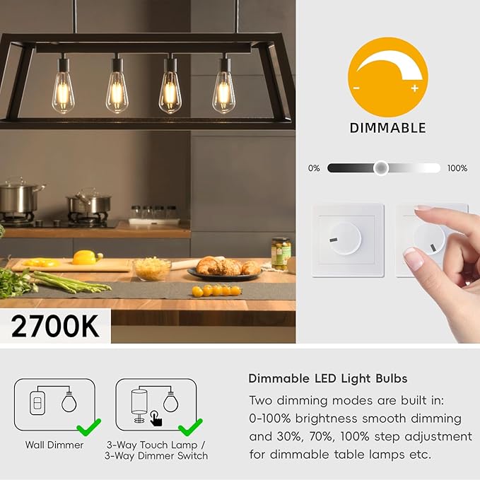 Jensense Edison LED Light Bulbs E26 LED Bulb 60 watt Equivalent Dimmable Light Bulbs 2700K Warm Soft White Vintage 7W LED Edison Bulbs 110V 120V 800 Lumen CRI90, 6 Pack