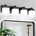 4-Light Black Bathroom Light Fixtures, Vanity Lights for Bathroom Mirror Lamp with Milky White Square Glass Shade, E26 Base Modern Wall Sconce Light Kitchen Light Fixtures Led Vanity