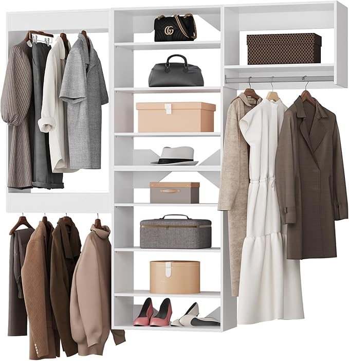 Modular Closet System, 60" Wide Closet Organizer System with Towers and Hanging, Wood Closet Tower Storage for Walk In Closets, Wall Mounted Wardrobe Organizer Kit System, Bedroom, White