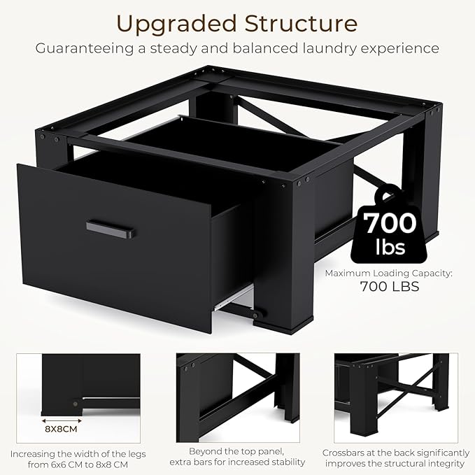 SKM 29" Washer & Dryer Pedestals with Drawer - 2 Pack Laundry Stand Raiser, 14.3" Height, Steel Construction, Black