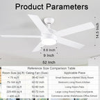 52 inch White Ceiling Fans with Lights and Remote, Reversible 5 Blades Modern Ceiling Fan for Bedroom, Living Room, Dining Room, LED 3 CCT 6-Speed Noiseless, ETL Listed