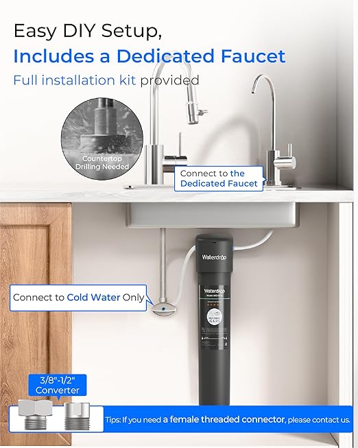 Waterdrop 15UB Under Sink Water Filter, Under Sink Water Filtration System for 2 Years, NSF/ANSI 42 Certified, Reduces PFAS, PFOA/PFOS, Lead, Under Sink Water Filter with Faucet, 19K Gallons