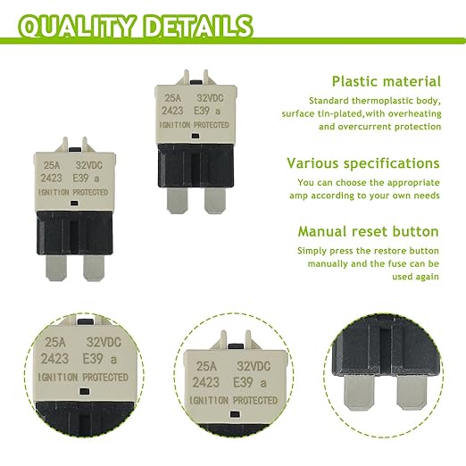 25A DC 12V-32V Manual Reset Circuit Breaker ATC/ATO Low Profile T3 Mini Blade Fuses Breakers for Car Trucks Marine Boat RV Solar and More,2 Pack