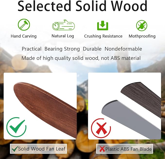 52" Wood Ceiling Fan No Lights with Remote Control,Wooden 3 Blades Ceiling Fans Without Light for Patio,Garage,Living Room,Bedroom,Office,Indoor/Outdoor(Black+Dark Walnut)