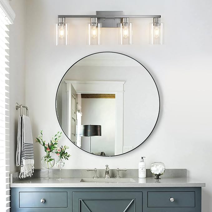 4 Light Bathroom Light Fixtures, Brushed Nickel Modern Bathroom Vanity Light with Clear Glass Shade, Bathroom Lighting Fixtures Over Mirror, Vanity Lights for Bathroom Mirror