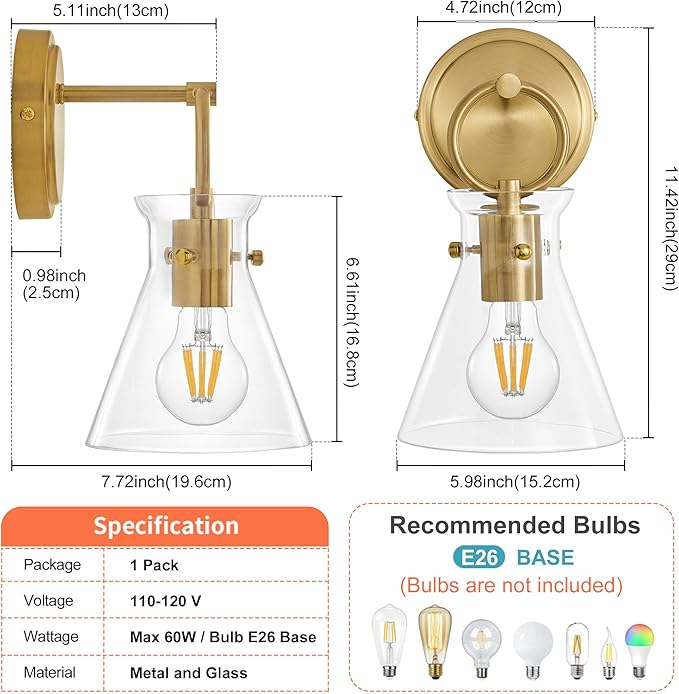 Gold Wall Sconce 1-Light Hardwired Wall Mount Modern Farmhouse Vanity Light Fixtures with 6 Inch Clear Glass Shade, Wall Lights for Bathroom, Bedroom, Living Room, Mirror, Kitchen, Lighting Lamp