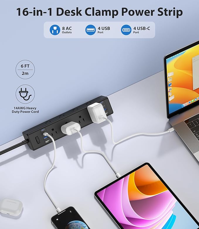 40W Fast Charging Station,Desk Clamp Power Strip 20W USB C,8 Outlets,8 USB Ports,4 USB C and 4 USB A, Office Furniture Nightstand Edge Mount Surge Protector, 14AWG Cord, Fits 1.9" Tabletop Edge