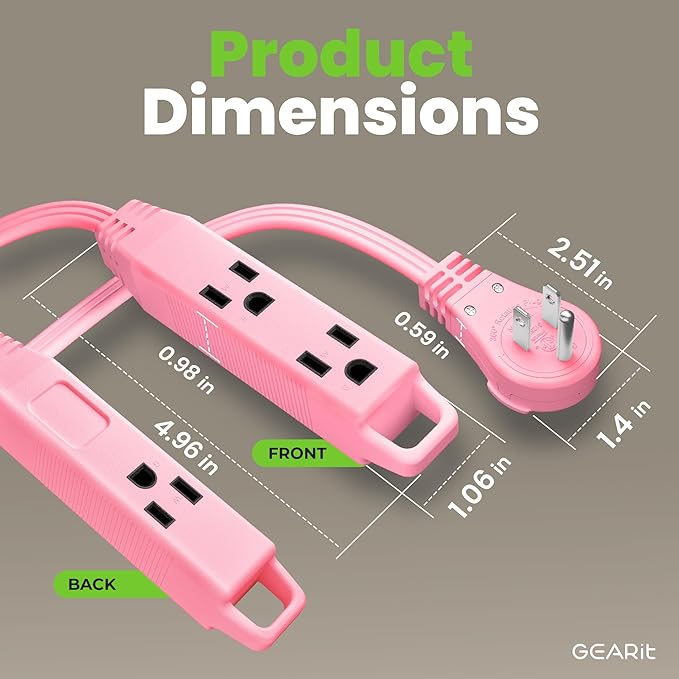 GEARit 360 Rotating Flat Plug Short Extension Cord with 3 Outlets (2ft, Pink) 16AWG/13A 3 Prong Wire, Outlet Saver for Home Office Dorm Room Essentials, ETL Certified