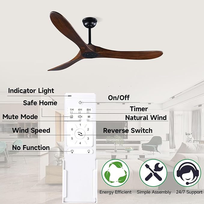 60" Farmhouse Ceiling Fan with Remote Control, Wood Ceiling Fan without Lights for Indoor/Outdoor - Modern Design, Powerful Airflow, Silent Operation