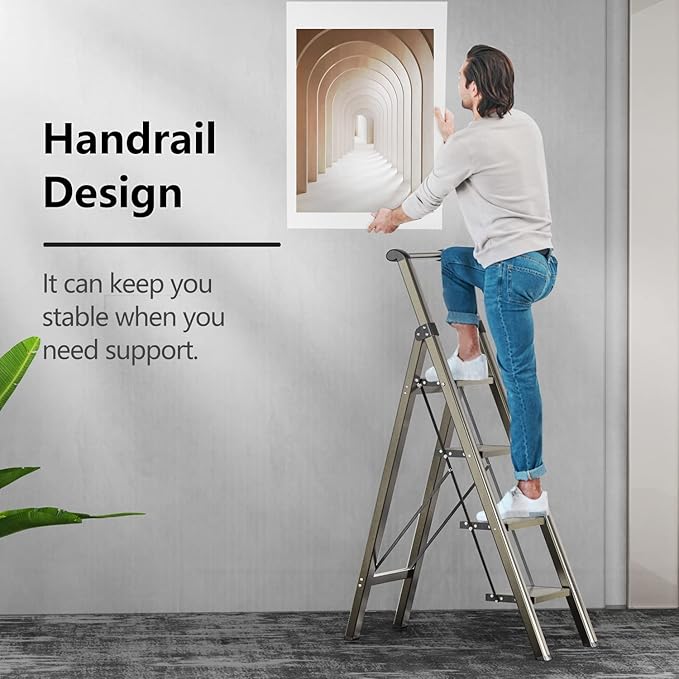 GameGem 4 Step Ladder, Folding Step Stool with Anti-Slip and Wide Pedal, Gold Ladder with Handgrip, Lightweight Aluminum Space Saving Stepladder for Home and Kitchen, 300 lbs Capacity