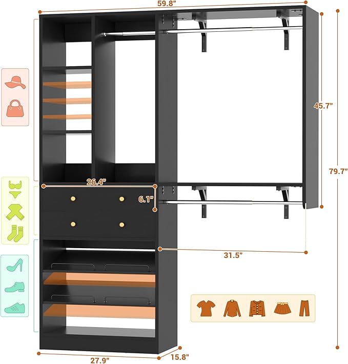 Closet System - 5FT Small Closet System with Drawers, 60" Closet Organizer System with Reversible Hanging Shelving, Closet Systems for Small/Walk-in Closets, Black
