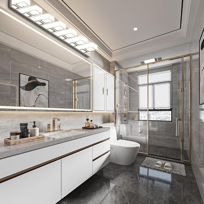 Ralbay 46" LED Chrome Vanity Lights 7 Lights Acrylic Stainless Steel LED Modern Vanity Lights Chrome Bathroom Lighting Fixtures Over Long Mirror (Natural White Light 4500K)