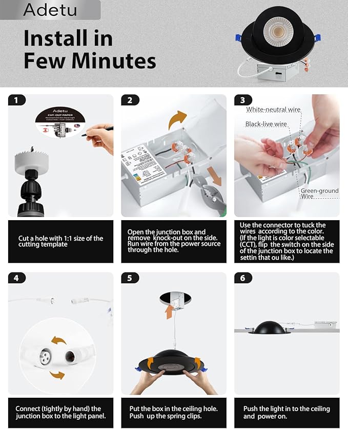 Adetu Recessed Lighting 6 inch, 360°+90° Adjustable Directional 6 inch 5CCT Gimbal Black Led Recessed Lighting, 2700K-5000K Dimmable Retrofit Eyeball Can Recessed Lights with Jbox, ET，Black (6 Pack