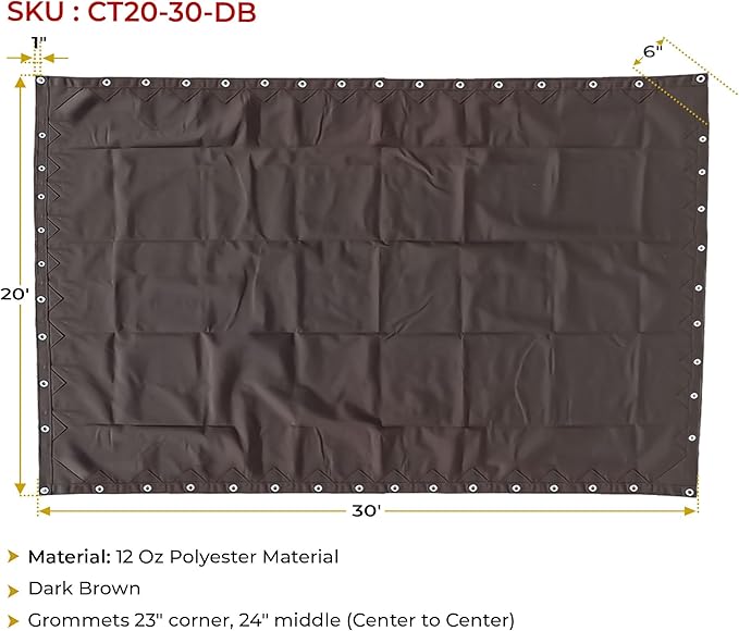 Mytee Products 20'x30' Dark Brown 12oz Canvas Tarp with Grommets - Water Resistant - Heavy Duty Canvas Tarps - Multipurpose Tarpaulin Cover for Canopy Tent, Roof, Camping, Semi Trucks & Cargo