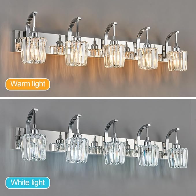 Modern Bathroom Vanity Light, 5-Light Chrome Wall Sconce with Crystal Accents, Over Mirror Bathroom Lighting Fixture, 42.52" Long Dimmable Vanity Lamp for Makeup, Easy Installation