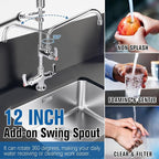 36" Height Commercial Sink Faucet Deck Mount with Pre-Rinse Sprayer, Commercial Kitchen Faucet with 10" Add-on Swing Spout Faucet & Spring Pull Down Sprayer, 8" Adjustable Center Kitchen Faucet