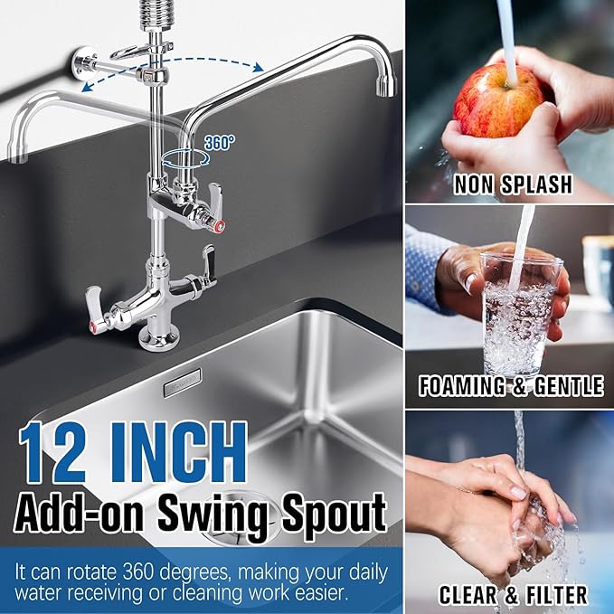 27" Height Commercial Sink Faucet Deck Mount with Pre-Rinse Sprayer, Commercial Kitchen Faucet with 10" Add-on Swing Spout Faucet & Spring Pull Down Sprayer, 8" Adjustable Center Kitchen Faucet