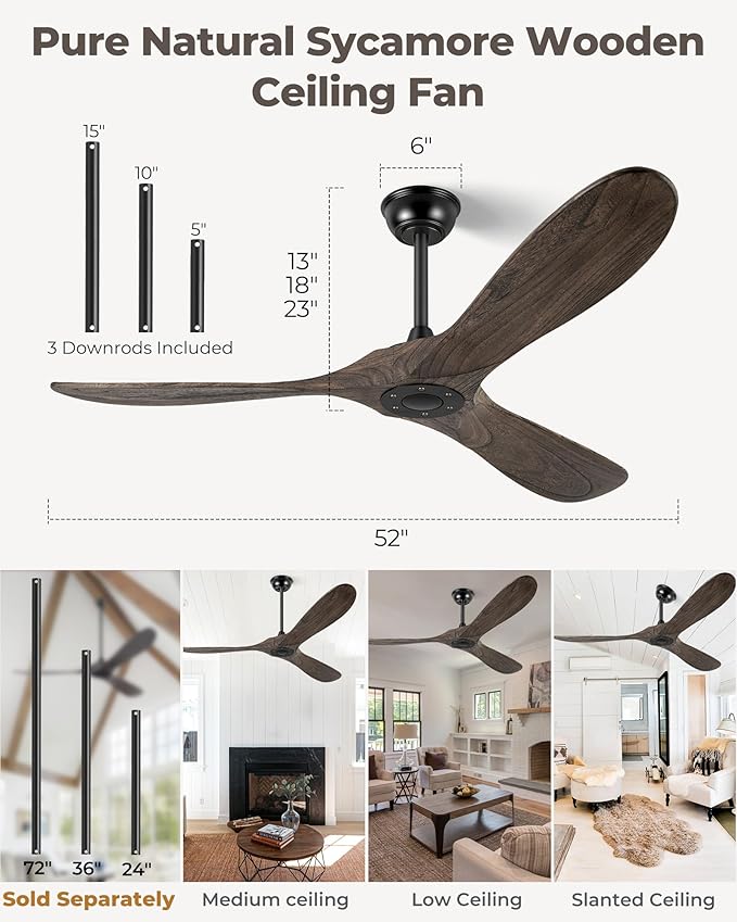 52" Ceiling Fans Without Light, Solid Wood Ceiling Fan with Remote Control and DC Motor, No Light, Modern Ceiling Fan with 3 Blades, Indoor Outdoor for Patios, Bedroom - Deep Brown