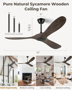 52" Ceiling Fans Without Light, Solid Wood Ceiling Fan with Remote Control and DC Motor, No Light, Modern Ceiling Fan with 3 Blades, Indoor Outdoor for Patios, Bedroom - Deep Brown