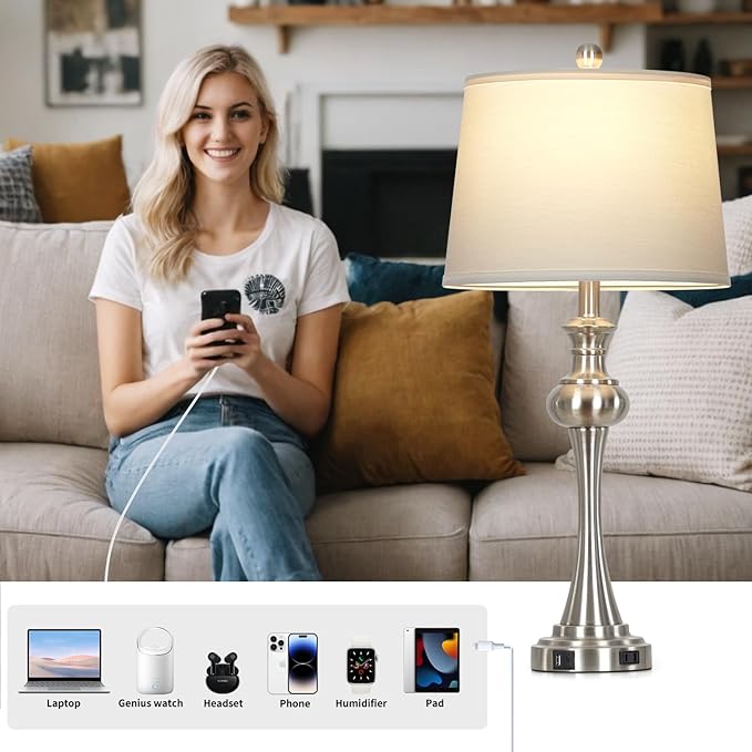 28.75" Silver Table Lamps for Living Room,Touch Lamps for Bedrooms Bedside Lamp 3-Way Dimmable Touch Control, Modern Silver Nightstand Lamp Fabric Shade Mid Century Accent Style（Bulb Inclued）