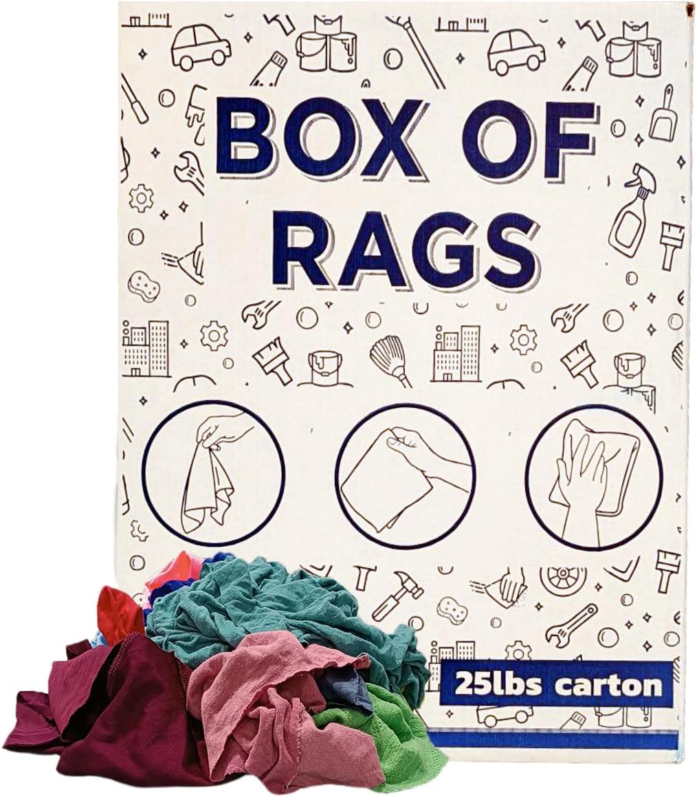 Recycled Color T-Shirt (25 lbs.) Box of Rags – Shop Cloths Bulk for Workshops, Mechanics, Painters, and Home Use, Multipurpose Cotton T-Shirt Rags