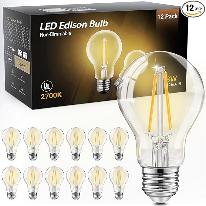 TJOY 12 Pack A19 Vintage LED Edison Bulbs, Non-Dimmable, 60W Equivalent, High Brightness 2700K Warm White, 8W E26 Standard Base, 760 Lumens, CRI80+, Clear Glass Filament Bulb for Home, Farmhouse