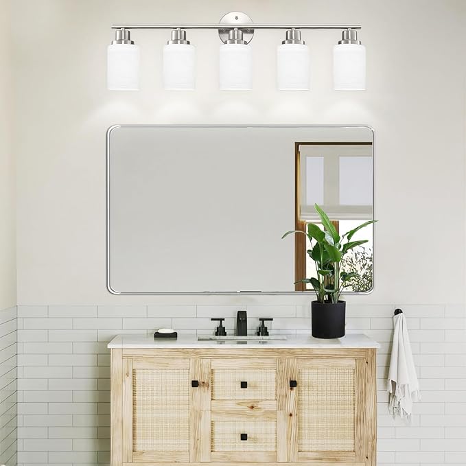 5-Light Brushed Nickel Vanity Lights, Bathroom Light Fixtures with Textured Milky White Glass Shade, Modern Bathroom Lighting Fixtures Over Mirror Wall Sconce Light - E26 Base