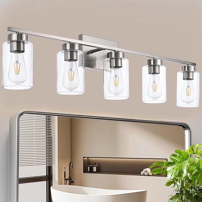 5 Light Bathroom Vanity Light Fixtures, Brush Nickel Modern Wall Lights with Clear Glass Shade, Vintage Wall Sconce Lighting for Living Room, Mirror, Bedroom, Hallway (Nickel, 5-Lights)