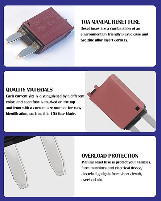 10A Low Profile Mini Fuse Kit– Automotive 10A ATM Manual Reset Circuit Breaker Fuses for Boat, RV, Car, Truck, DC 12V/32V 10 Amp Manual Resettable Blade Assortment Kit with Resettable Fuses