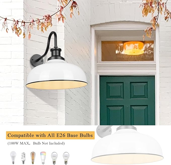 Outdoor Gooseneck Barn Lights, 14 Inch Dome Outdoor Wall Sconce Farmhouse Exterior Wall Mount Light Vintage Wall Lighting Fixture Industrial Wall Lantern for Porch, Entryway, Garage, RZ007M-2 WH