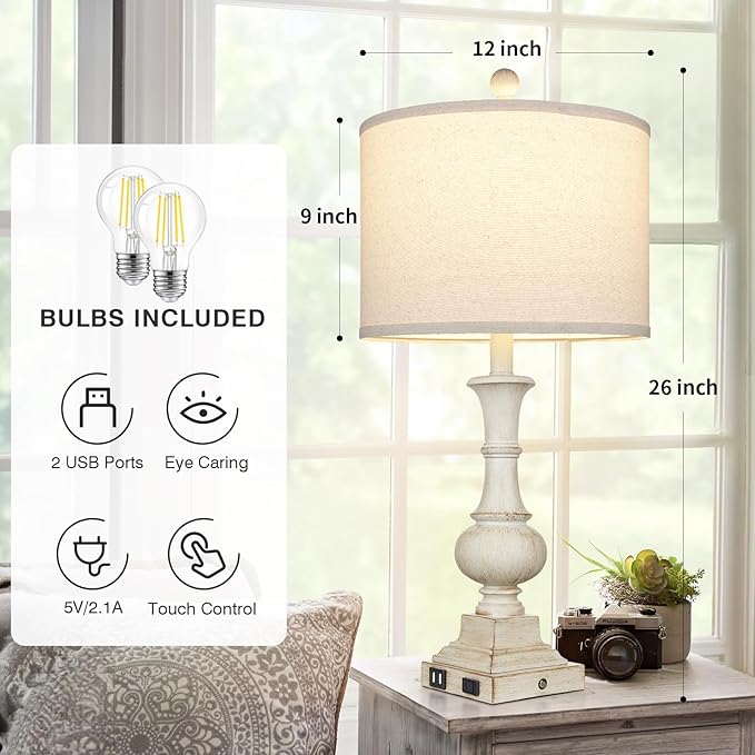 26" Farmhouse Table Lamps Set of 2, Rustic Touch Control Bedside Lamps with 2 USB Ports & AC Outlet, Vintage White Resin 3-Way Dimmable Nightstand Lamp Linen Fabric Shade for Living Room Bedroom Decor
