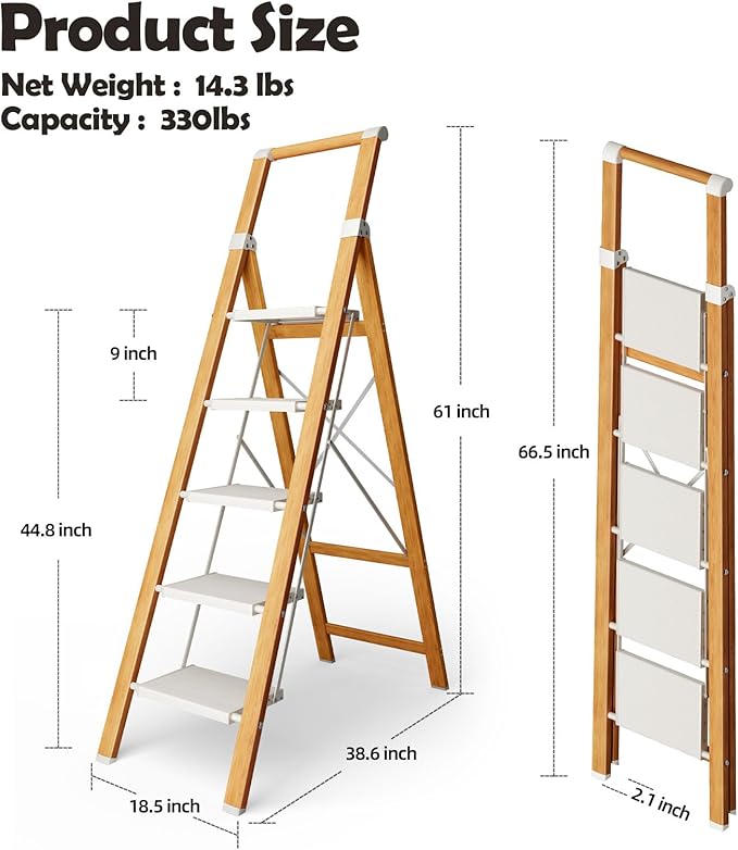 Taranta 5 Step Ladder, Portable Folding Ladder with Wide Pedal, Lightweight Aluminum Step Stool with Convenient Handgrip, 330 lbs Capacity Stepladder for Home, Office - White Woodgrain
