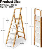 Taranta 5 Step Ladder, Portable Folding Ladder with Wide Pedal, Lightweight Aluminum Step Stool with Convenient Handgrip, 330 lbs Capacity Stepladder for Home, Office - White Woodgrain