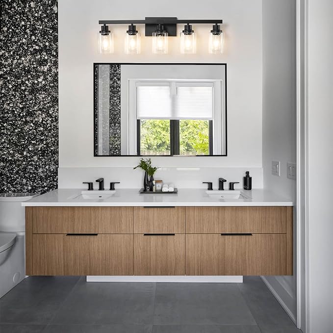 5-Light Black Bathroom Vanity Light, Modern Vanity Lighting Fixture for Bathroom, 31" Matte Light Fixture, Wall Sconces with Clear Glass Shade, Black Bathroom Wall Light Over Mirror