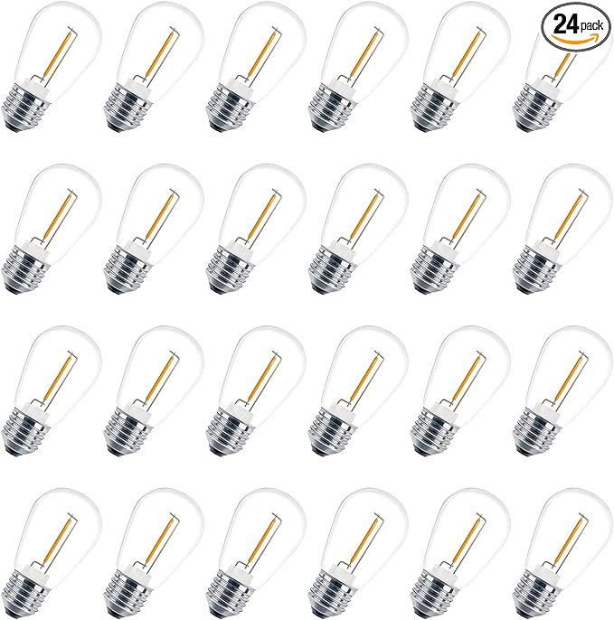 24 Pack LED S14 Replacement Light Bulbs, Shatterproof Waterproof 1W Outdoor String Light Bulbs, E26 Medium Base, 2200K Warm White, 11w Equivalent, Non-Dimmable