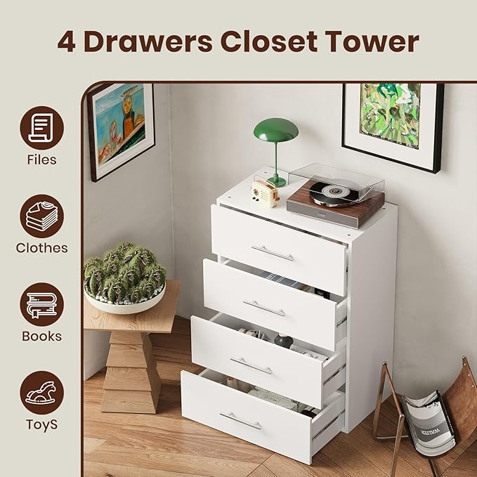 ROOMTEC 19.5" 4 Drawer Short Tower Closet Unit, Modular Closet System with Drawers and Shelf, Wardrobe Organizer for Bedroom or Walk-in Closet, Wall Mounted, Customizable Clothes Storage Unit, White
